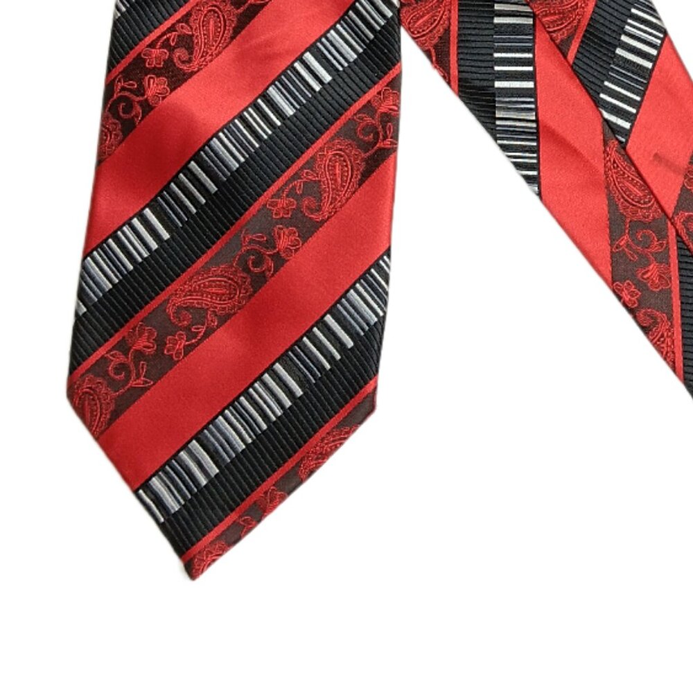 Bruno Conte Paisley Tie Men’s 59” Red Black Ribbon Stripe Designer Wide New